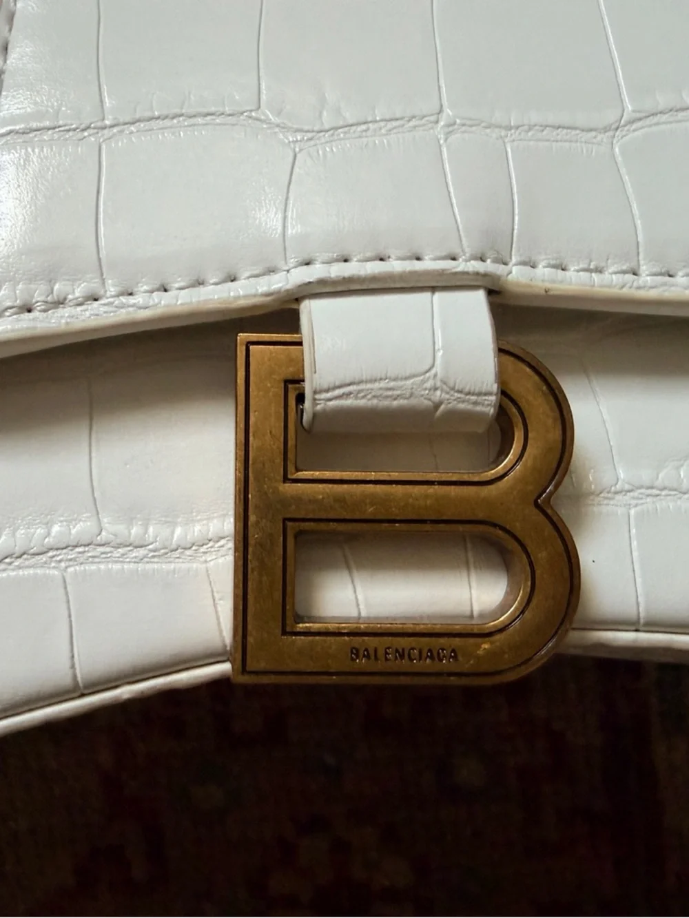 Balenciaga White Croc-Embossed Mini Hourglass Top Handle Bag with Gold 'B' - Picture 3 of 4